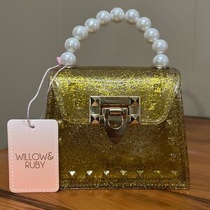 Willow & Ruby Gold Glitter Jelly Purse with Faux Pearl Handle NWT